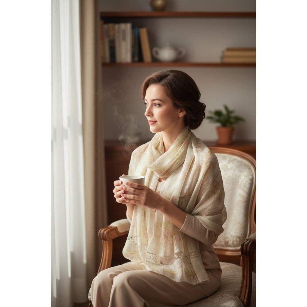 Vintage-Inspired Floral Sheer Scarf With Lace Detail - 52" Long X 11" Wide - Lig